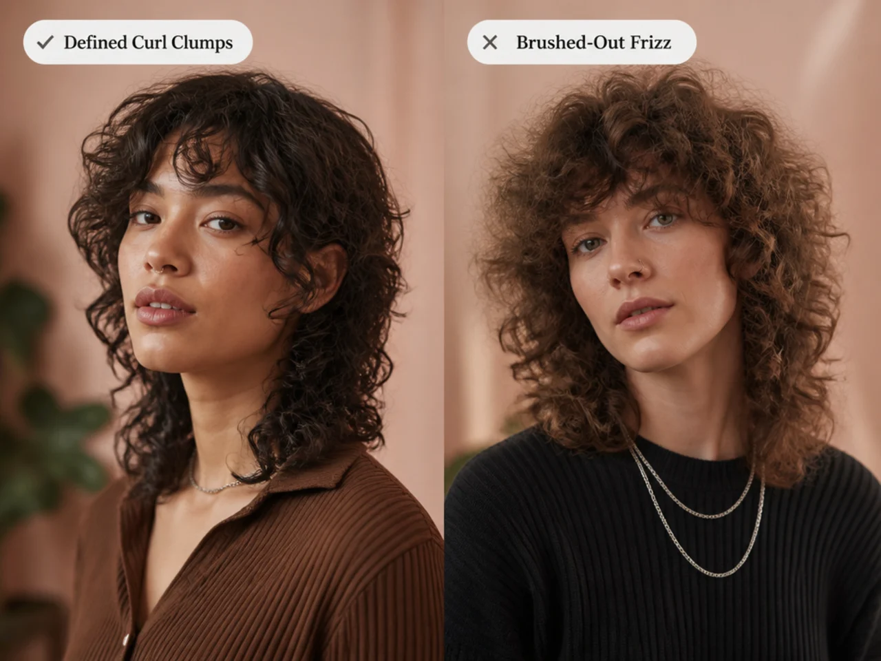 Defined curl clumps beside brushed-out frizz