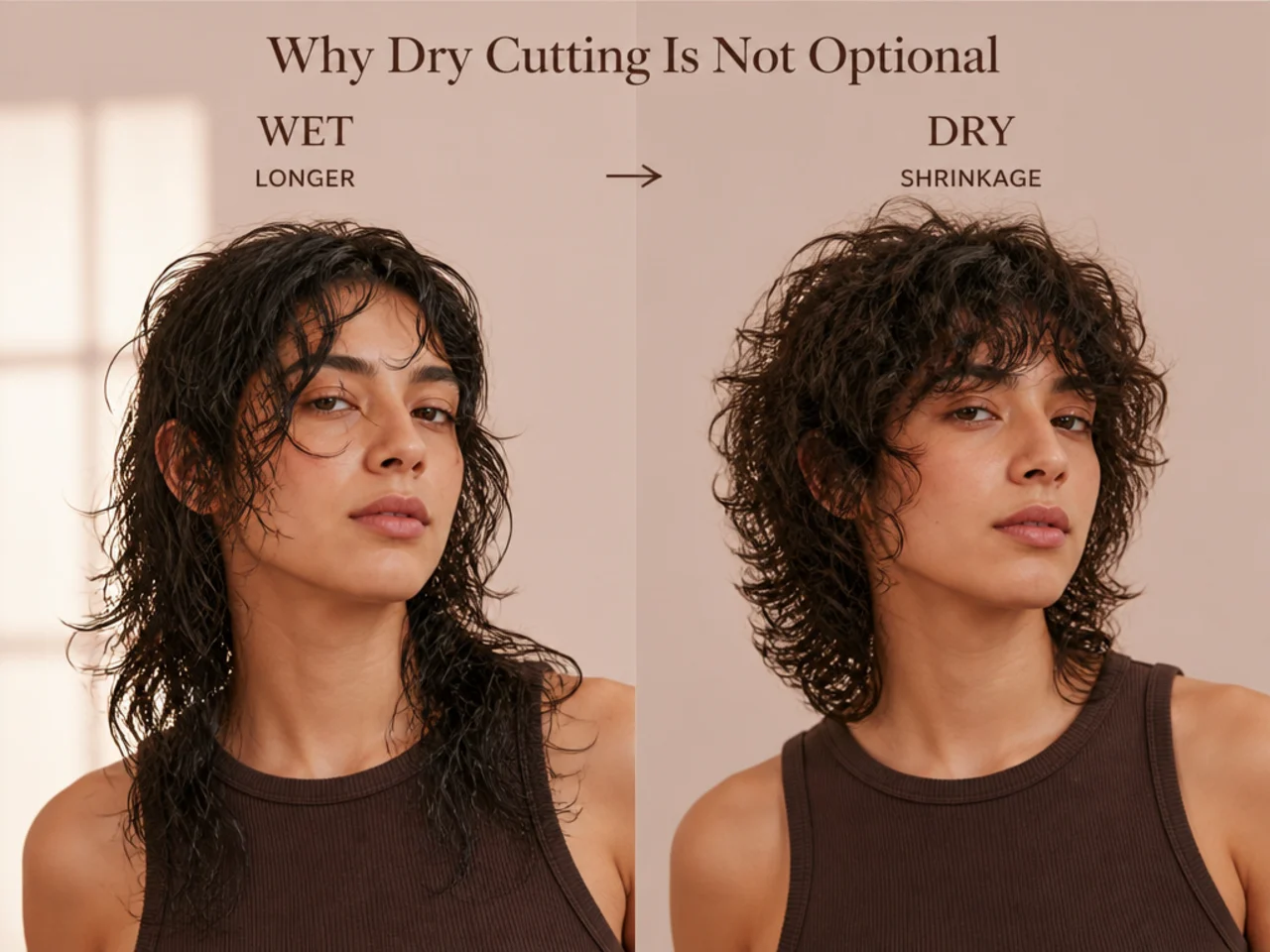 The same curl shown wet and dry to illustrate shrinkage