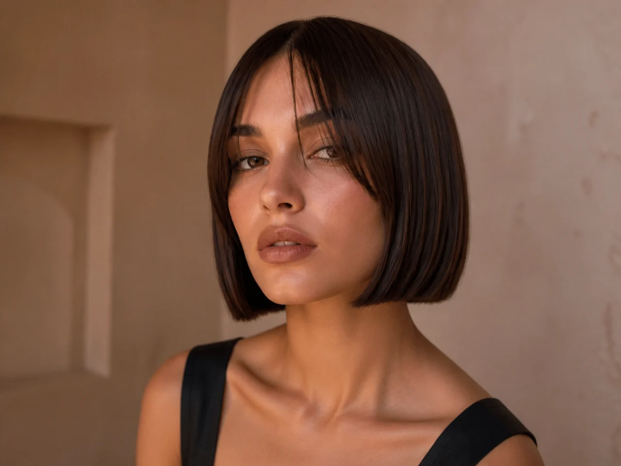 A glossy poker straight bob with a precise blunt edge and parted bangs
