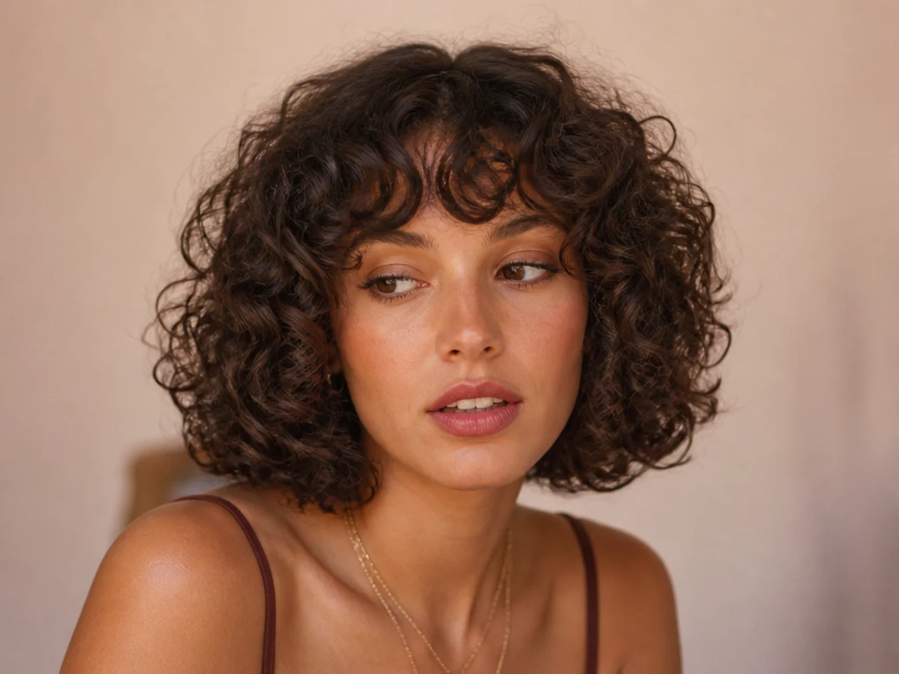 A curly bob with defined curls and softly parted curly bangs