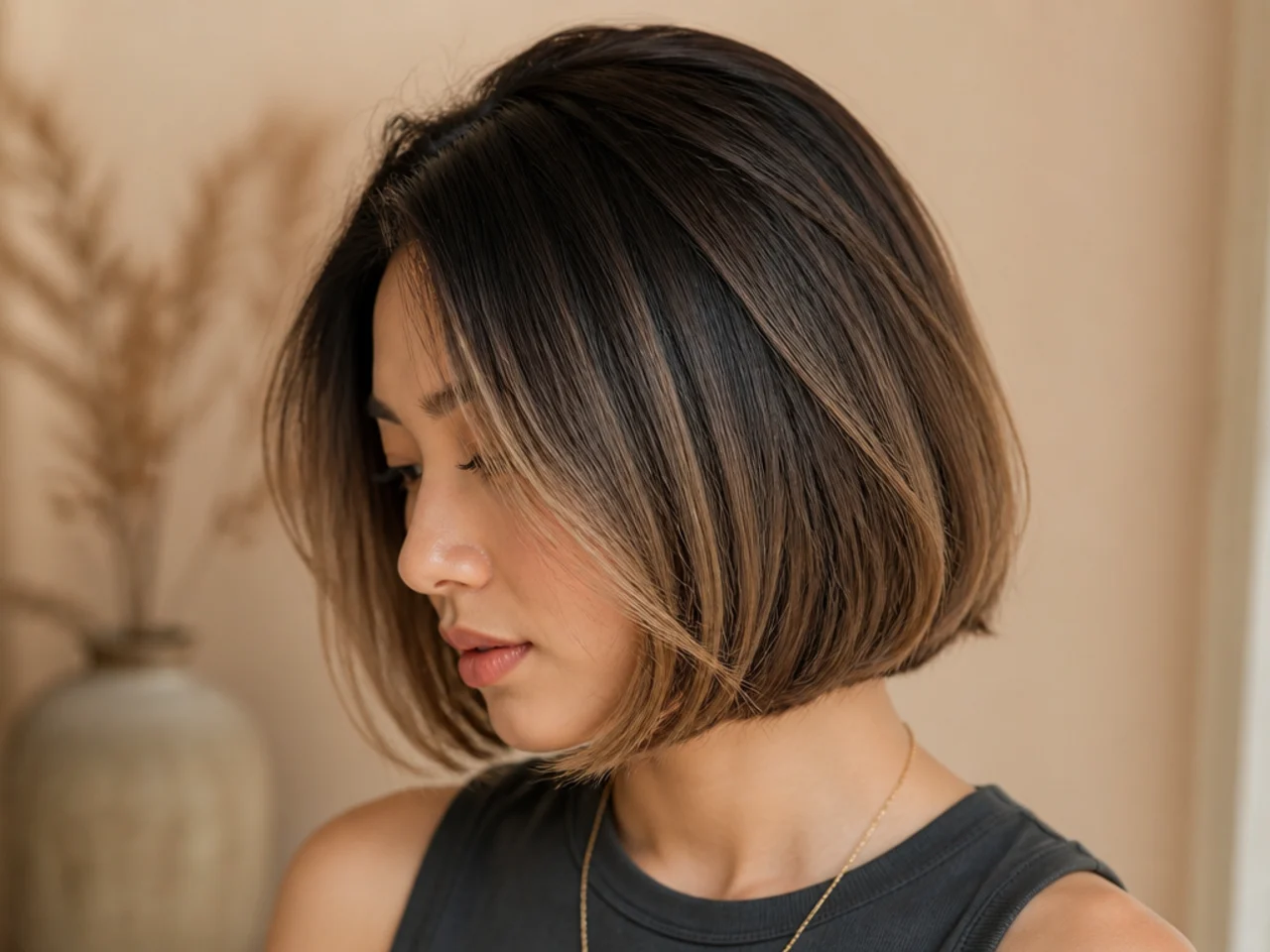 A bob with a darker shadow root blending into lighter lengths
