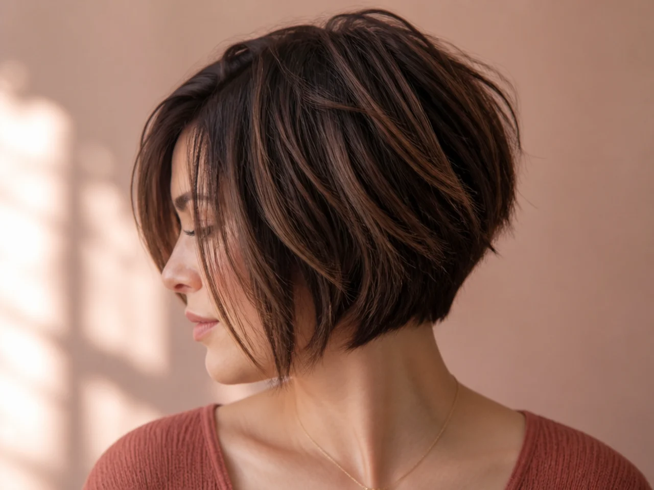 A stacked bob with graduated layers building height at the back