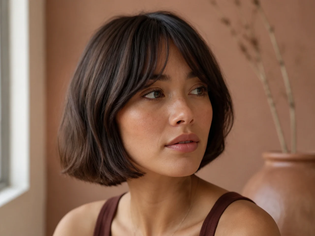 A soft rounded bob with ends curved inward and gently parted bangs