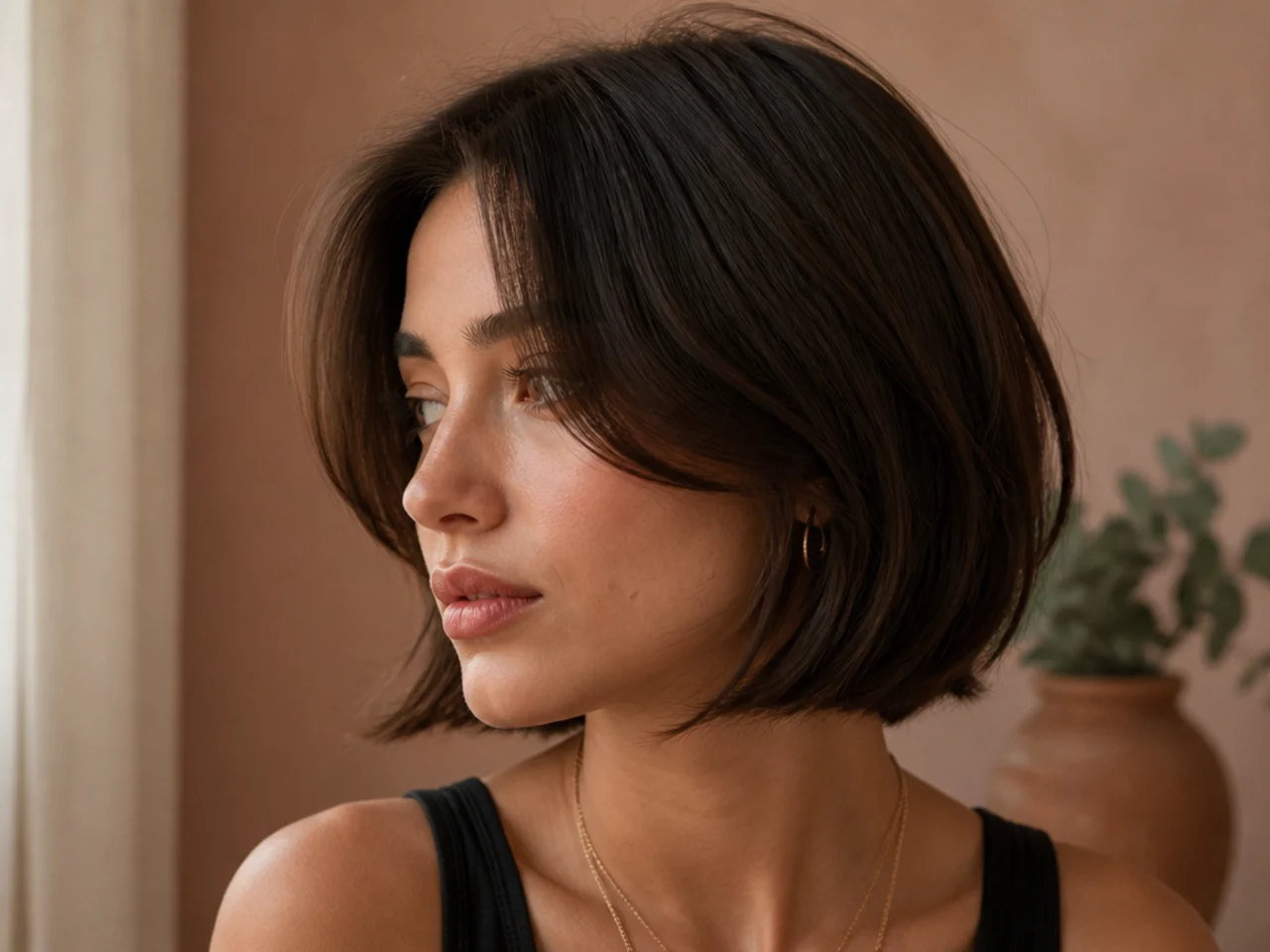 A jaw length bob with long curtain bangs blending into the sides