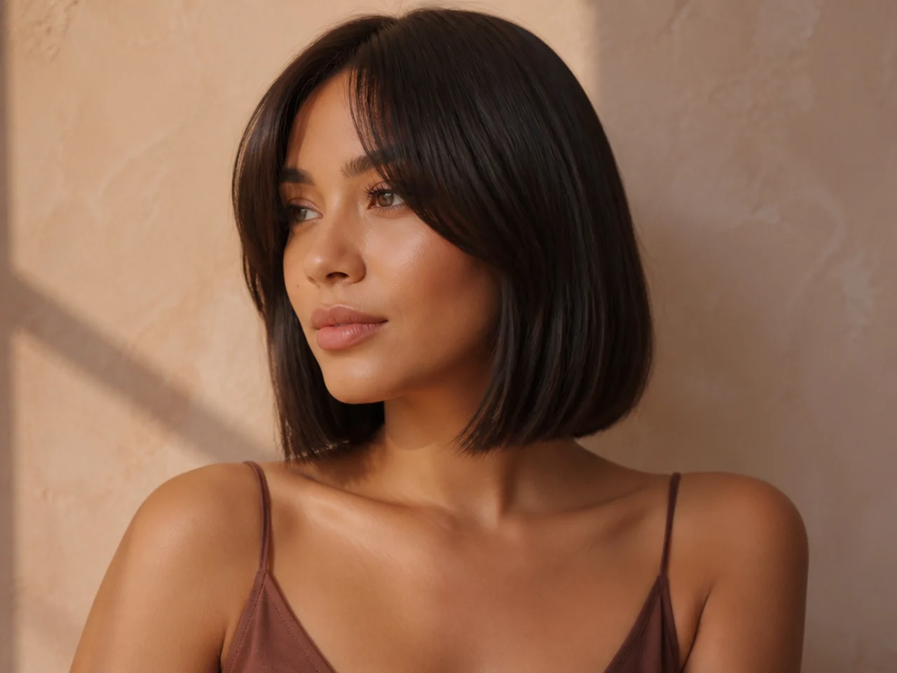 A collarbone length bob with curtain bangs and a straight cut edge