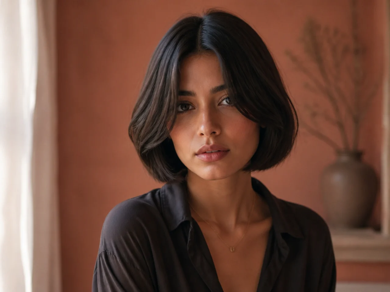 A centre parted bob with curtain bangs falling evenly on both sides