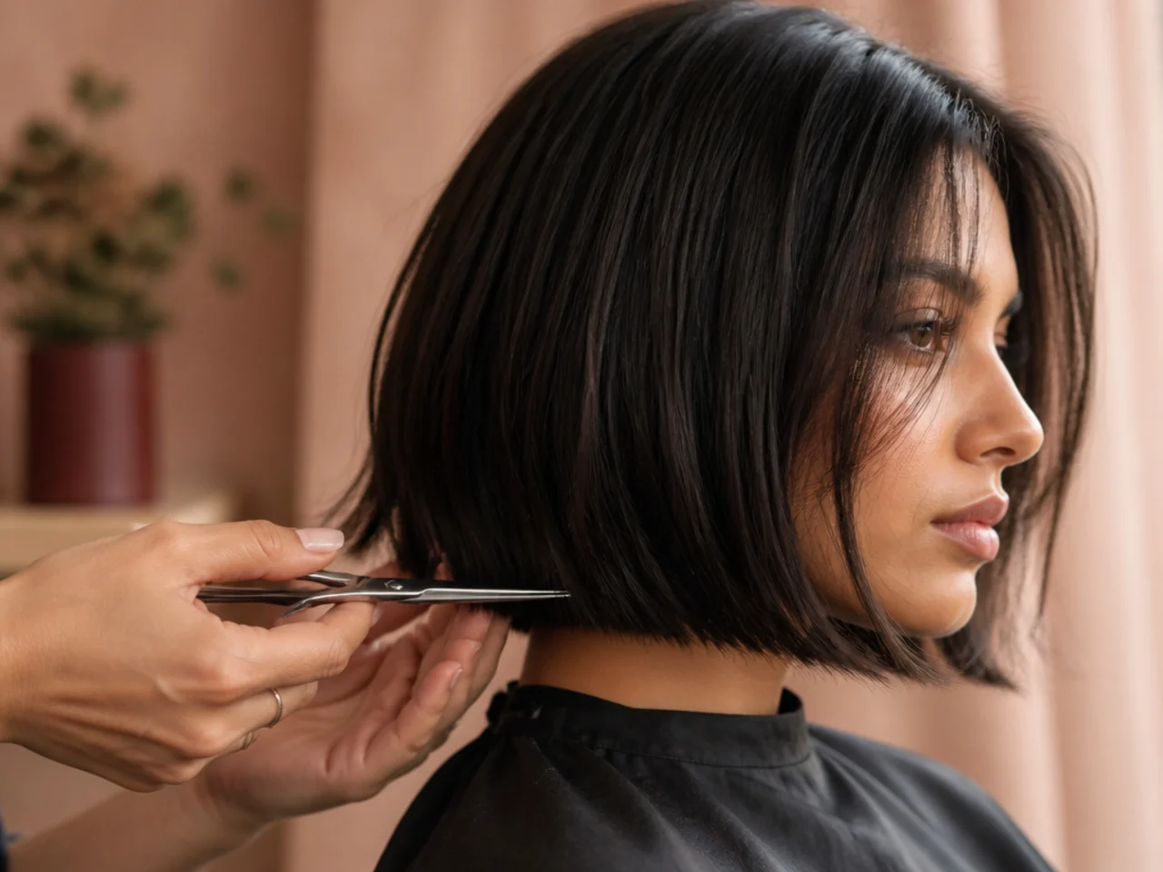 Scissor tips lightly point cutting the last centimetre of a bob