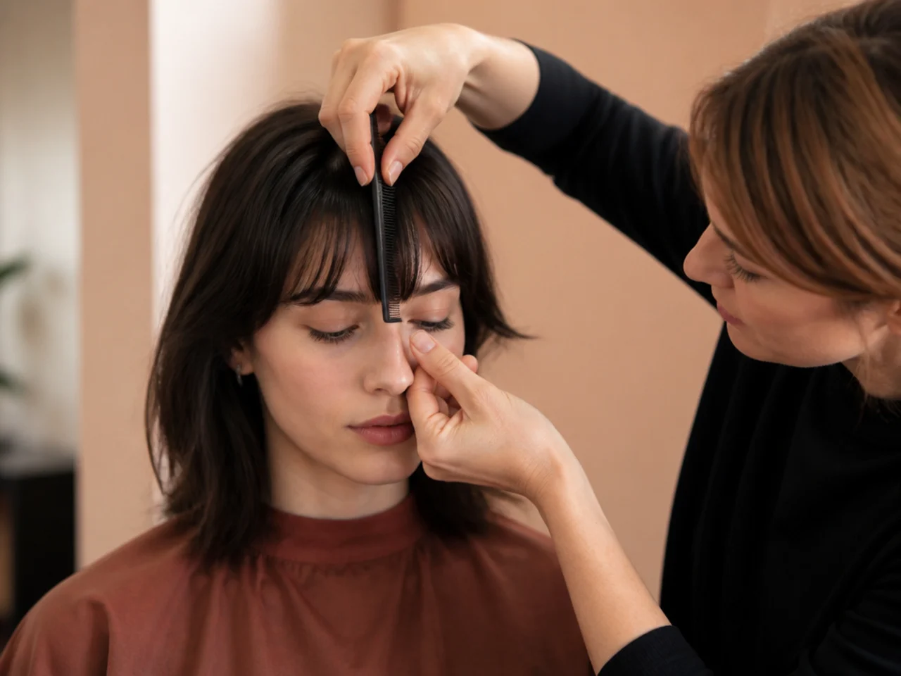 A stylist measuring the depth of a fringe section with a comb at the hairline