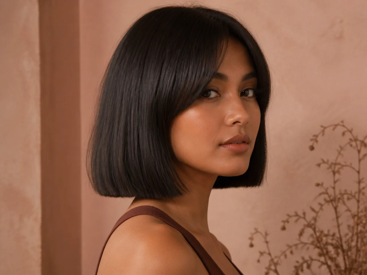 Three quarter view of a finished blunt bob with curtain bangs
