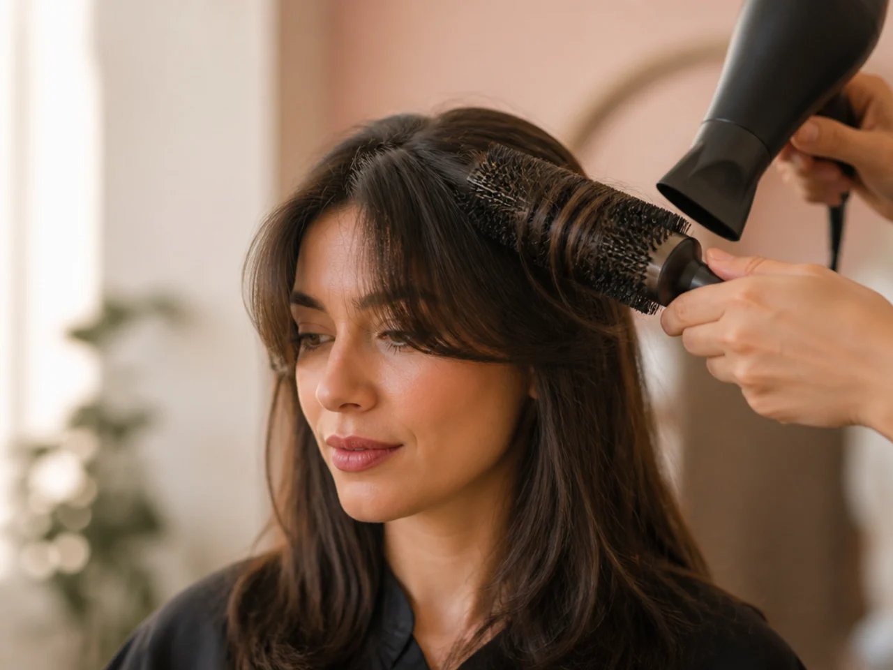 Curtain bangs being dried backwards with a round brush and dryer