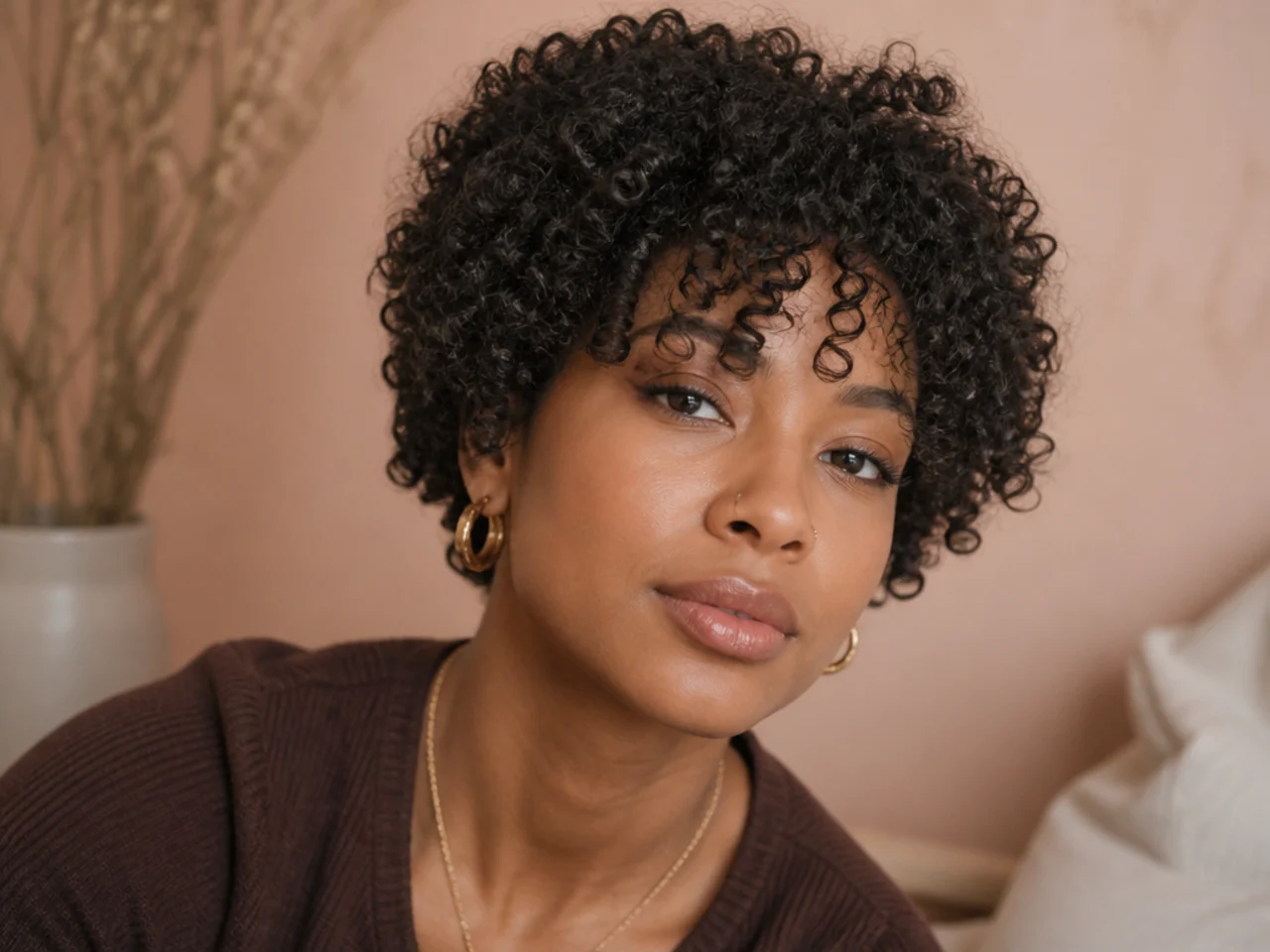 Tight coils in a short cut with curtain bangs