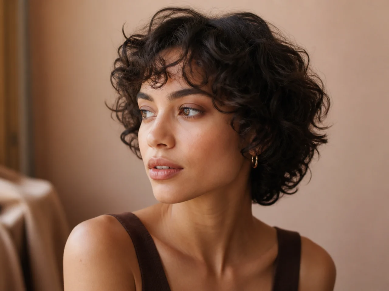 Fine curls in a short cut with soft curtain bangs