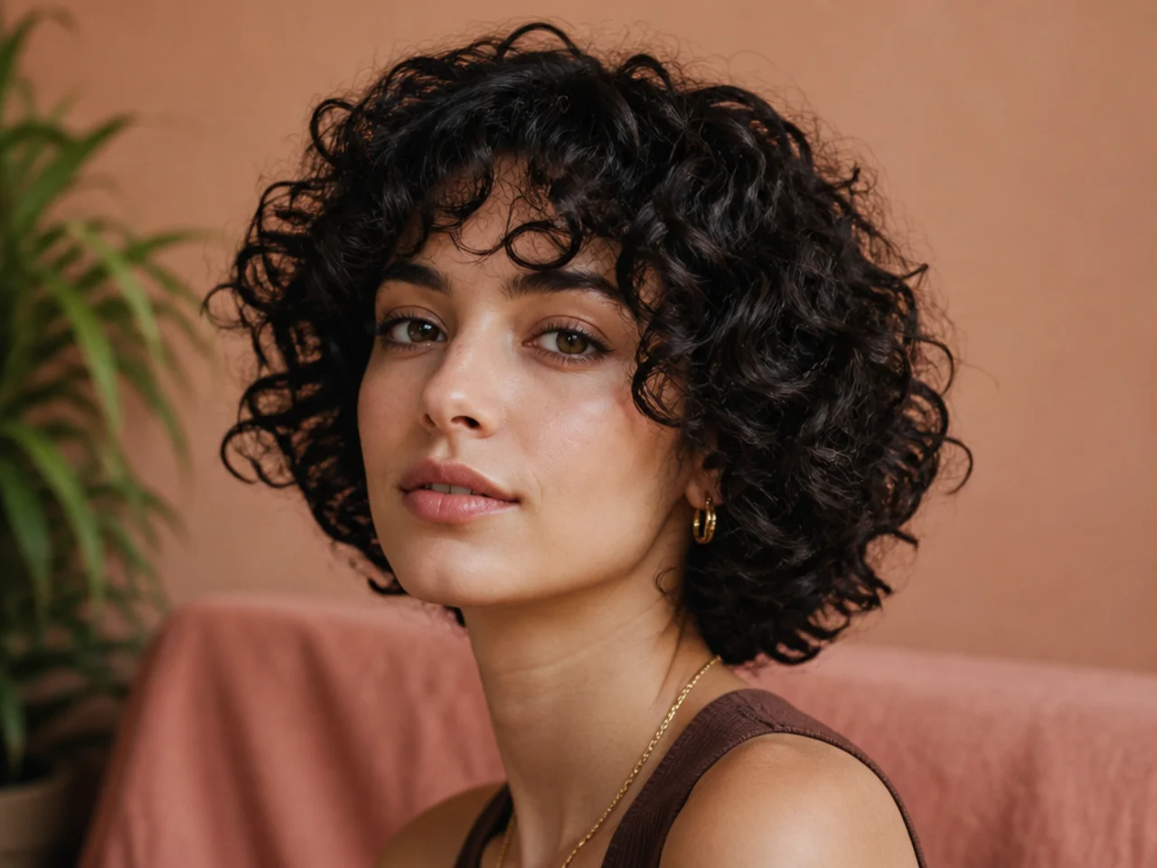 Dense curls in a short cut with curtain bangs