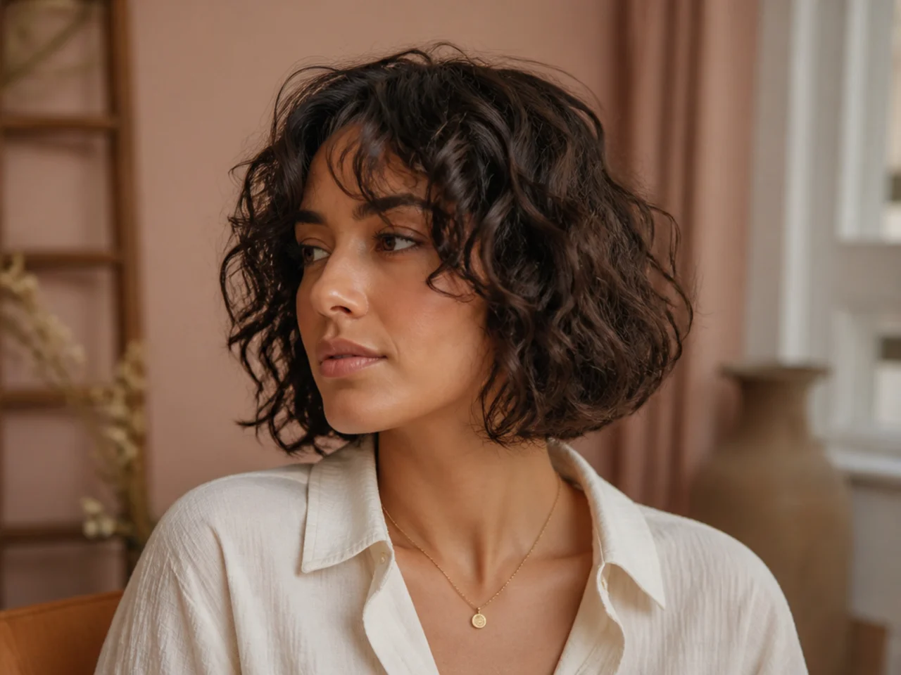 Jaw length curtain bangs on a short curly cut