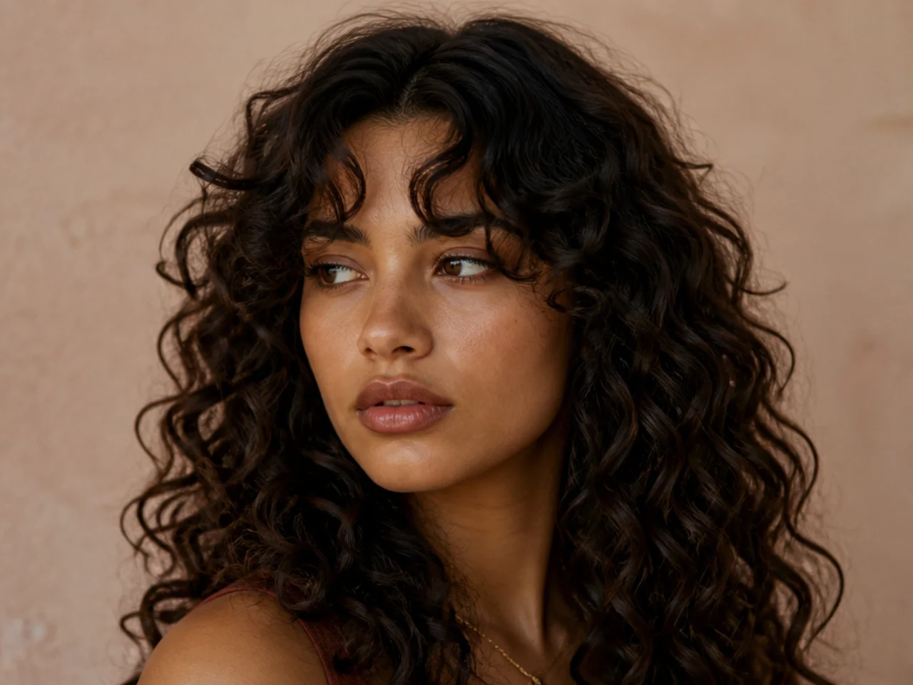 Curly curtain bangs split by a centre parting