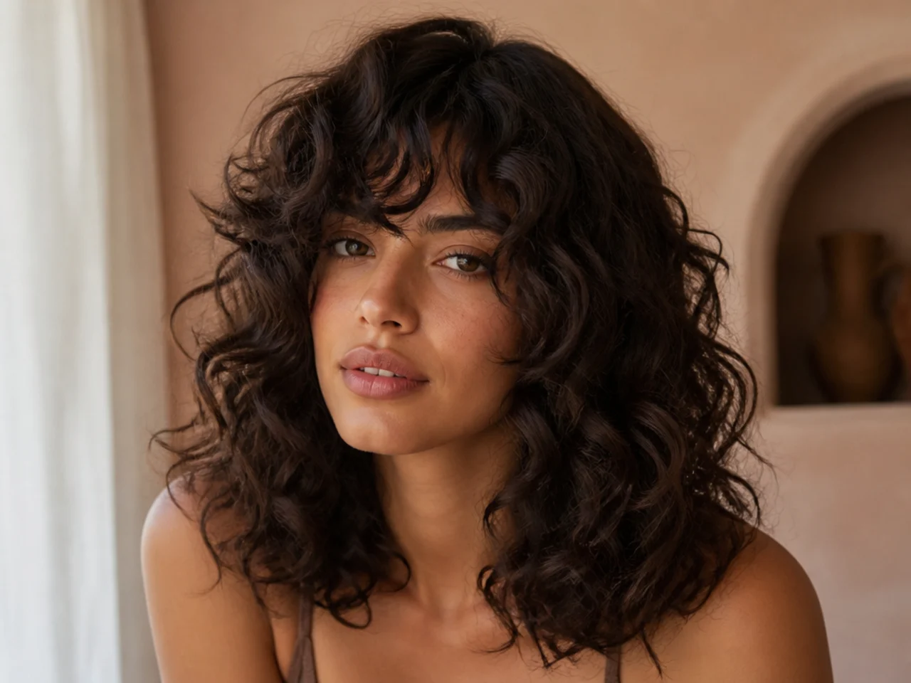 Curly curtain bangs with an off centre parting