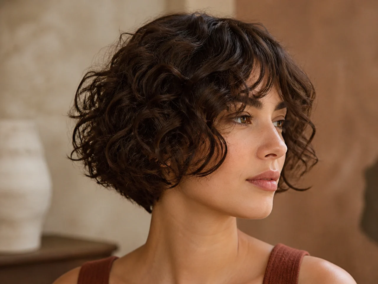 A curly bob with a tapered nape and curtain bangs
