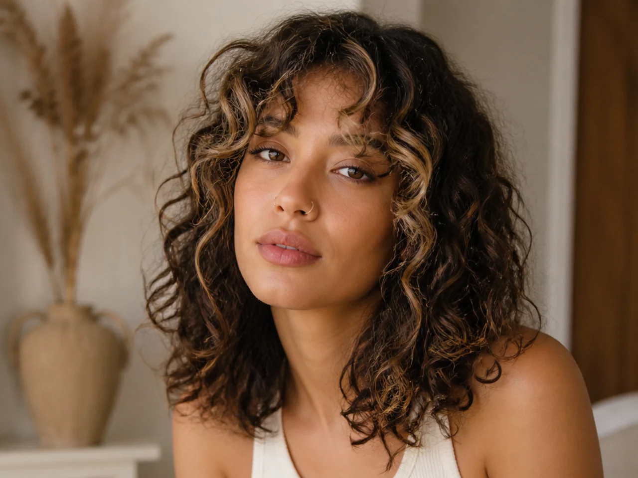 Curly curtain bangs with lightened front panels