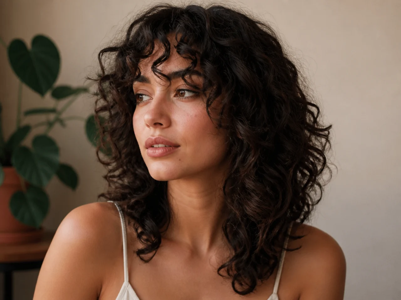 Air dried curly curtain bangs