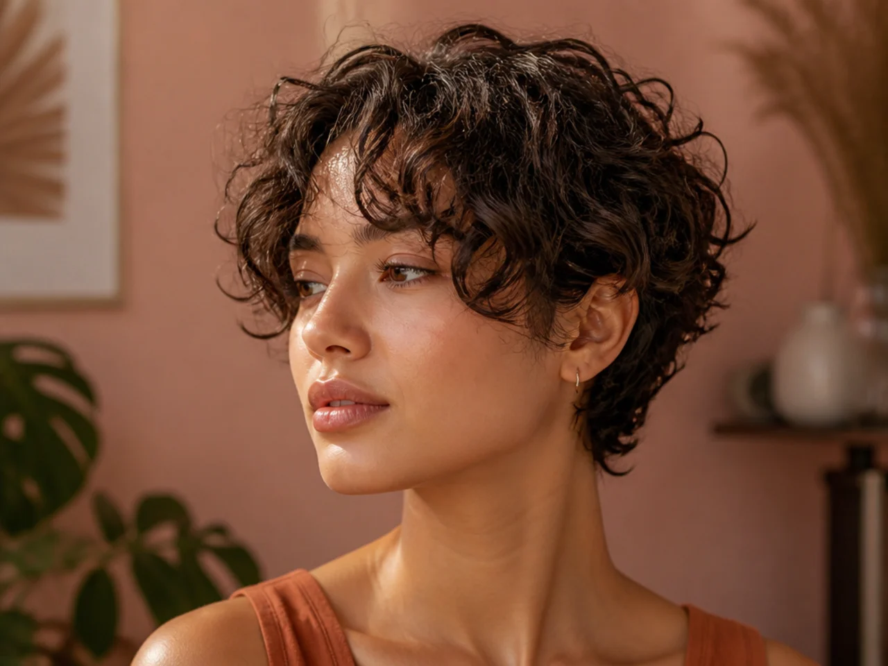 A curly pixie cut with longer curtain bangs at the front