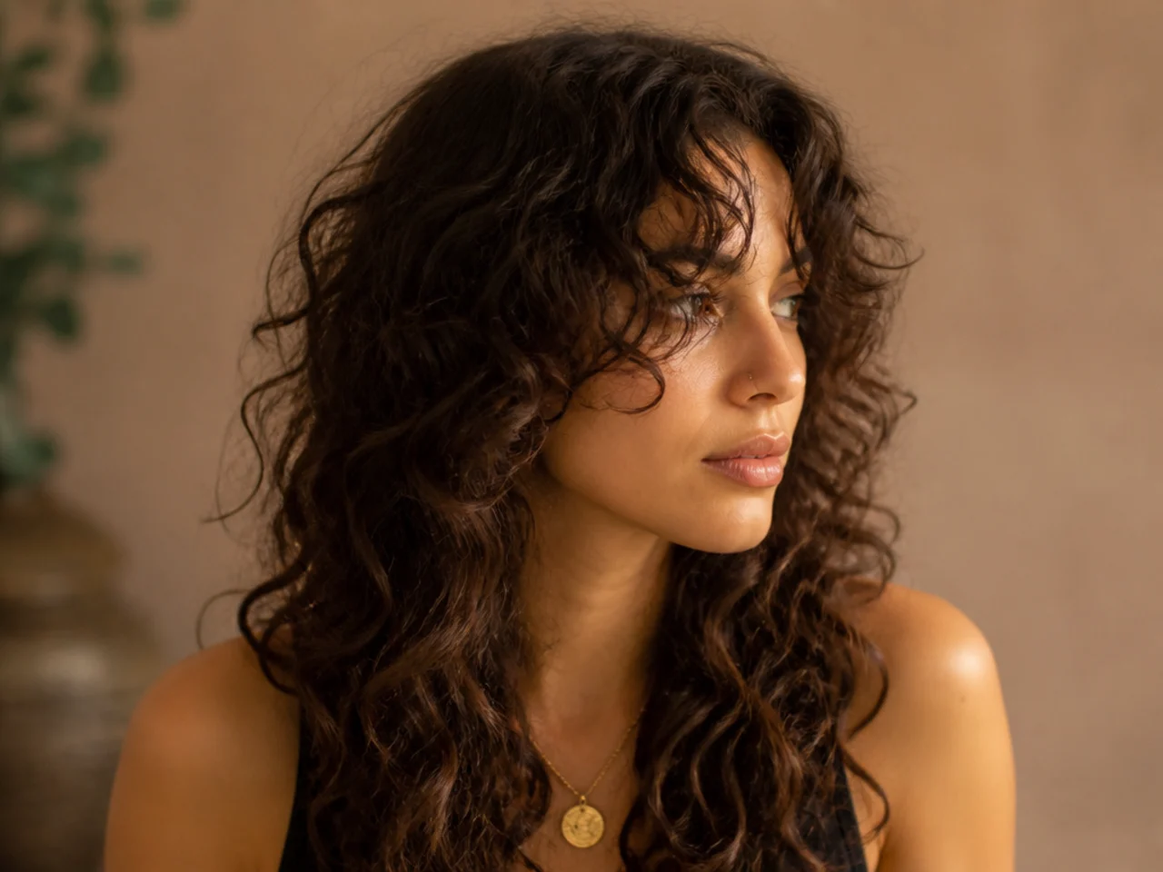 Grown out curly curtain bangs falling past the eye