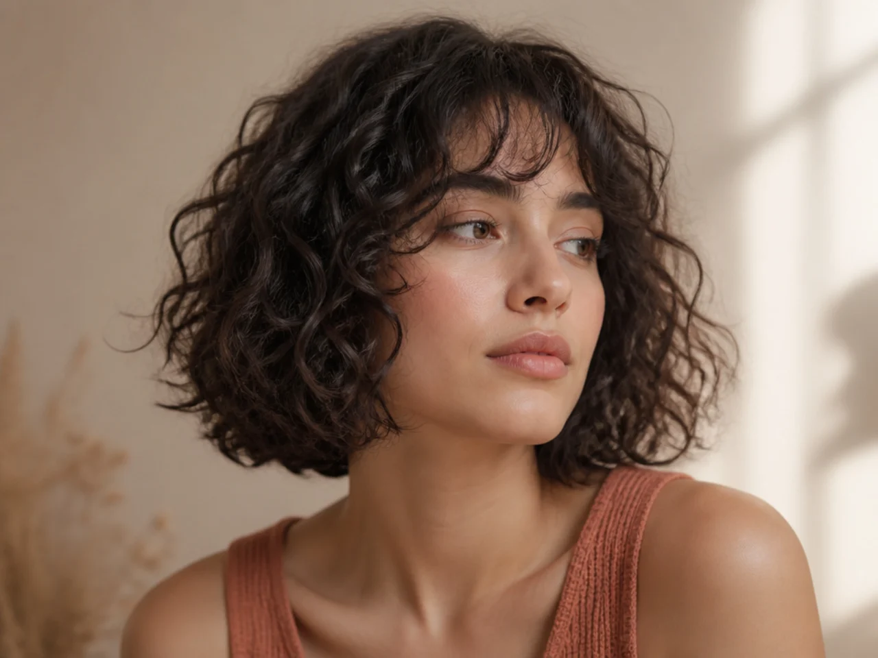 A chin length curly cut with soft curtain bangs