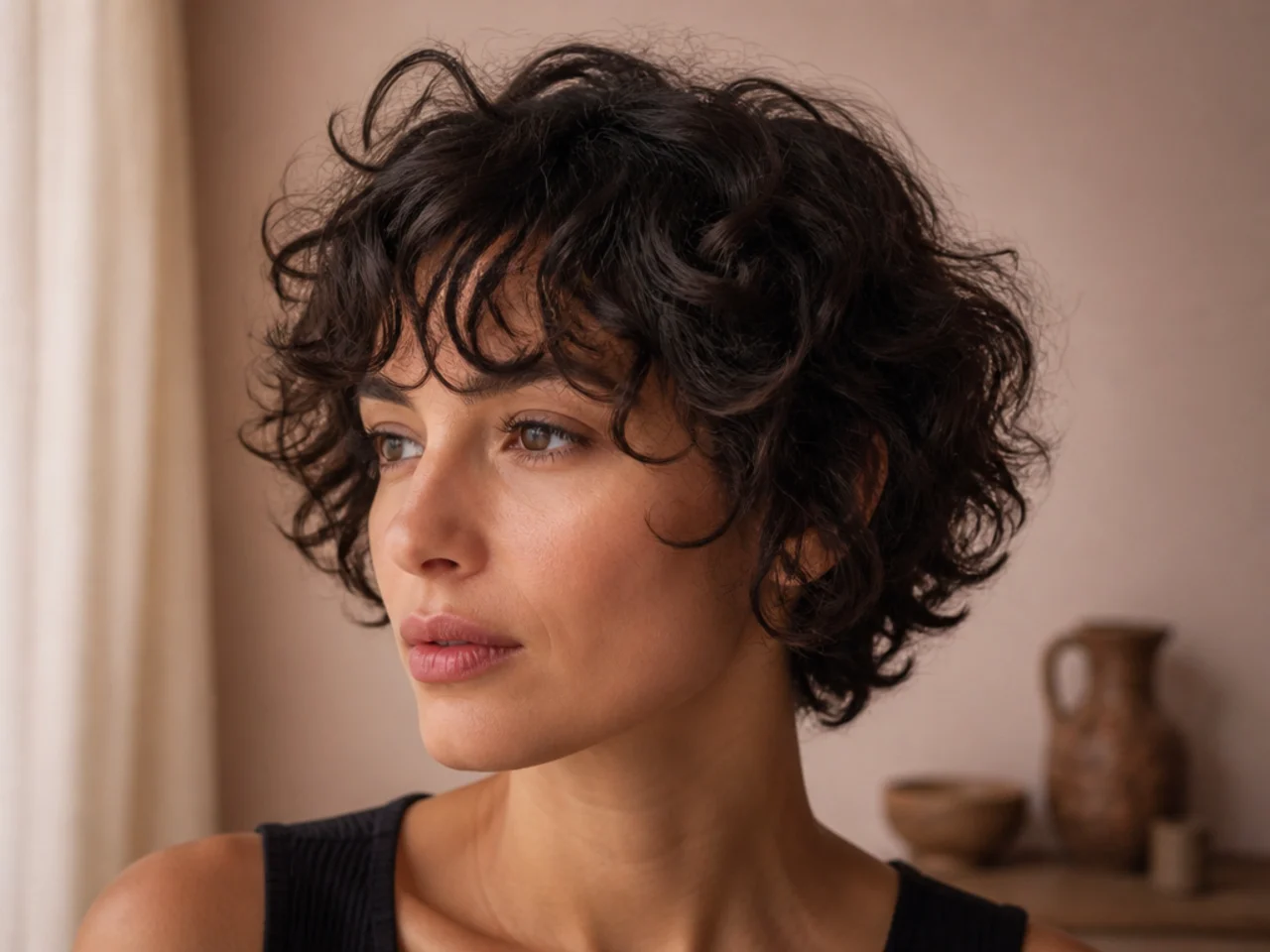 A curly bixie cut with curtain bangs