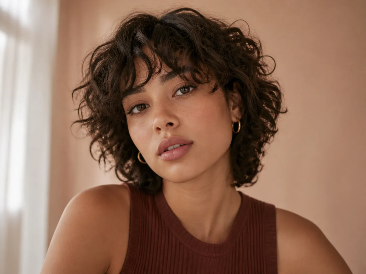 A short curly shag with curtain bangs