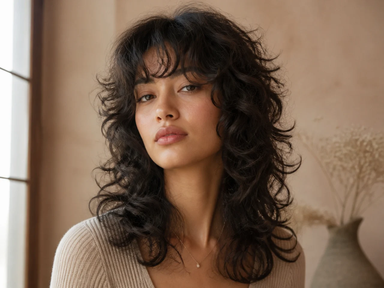 A curly wolf cut with curtain bangs and a lifted crown
