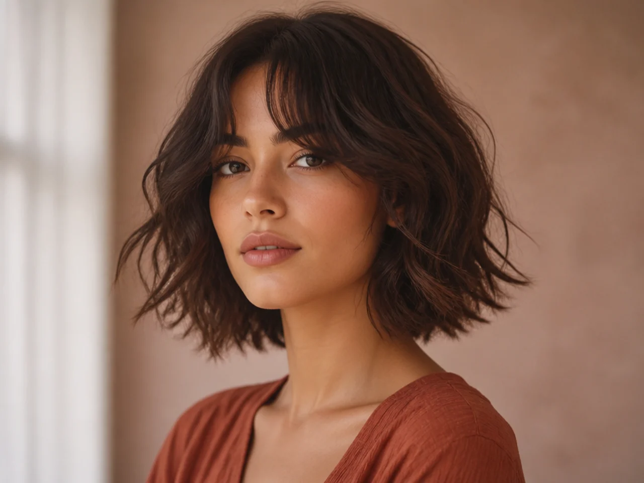 Loose waves in a short cut with curtain bangs