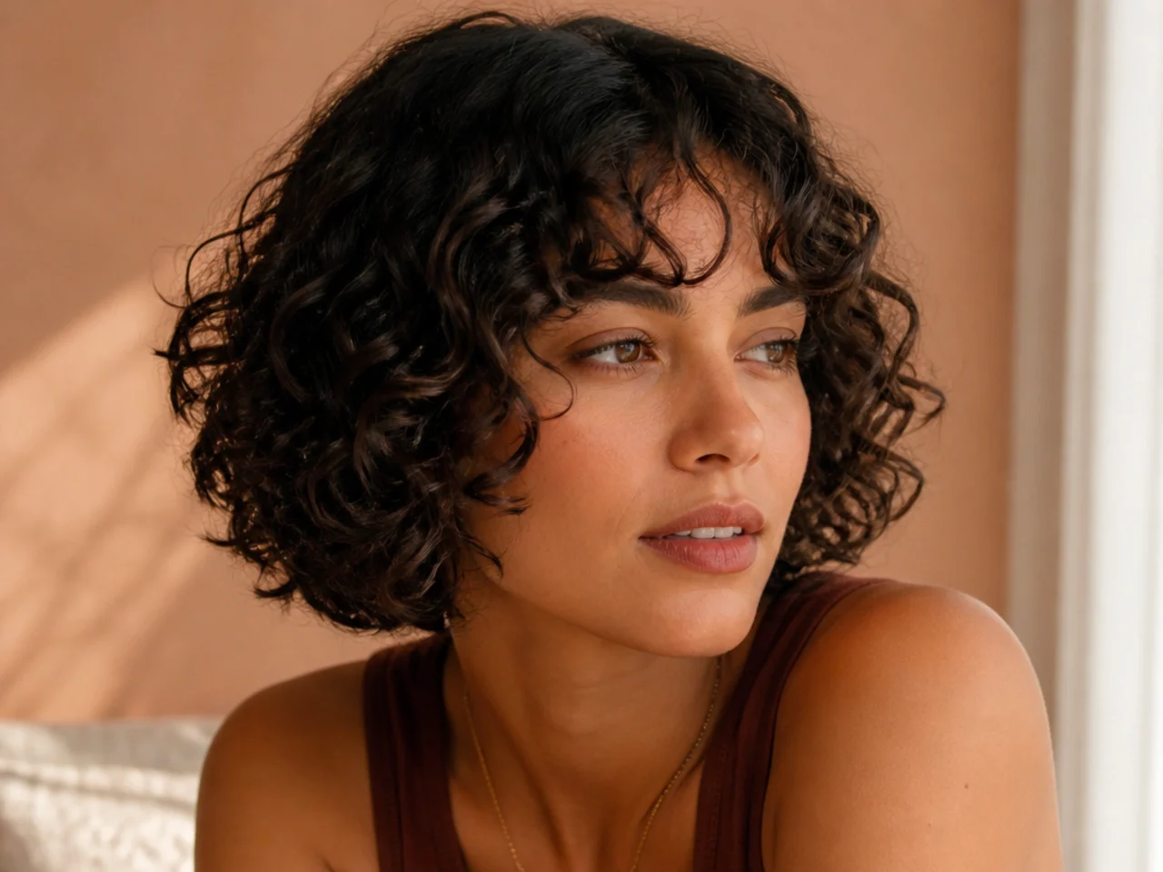 Defined ringlets in a short cut with curtain bangs