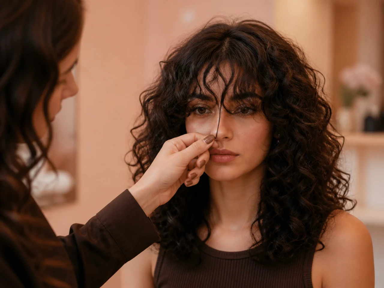 A stylist checking the centre point of a curly curtain bang against the nose