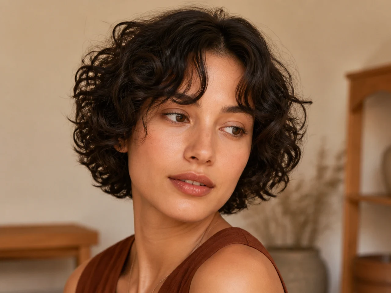 Three quarter view of a short curly cut with curtain bangs