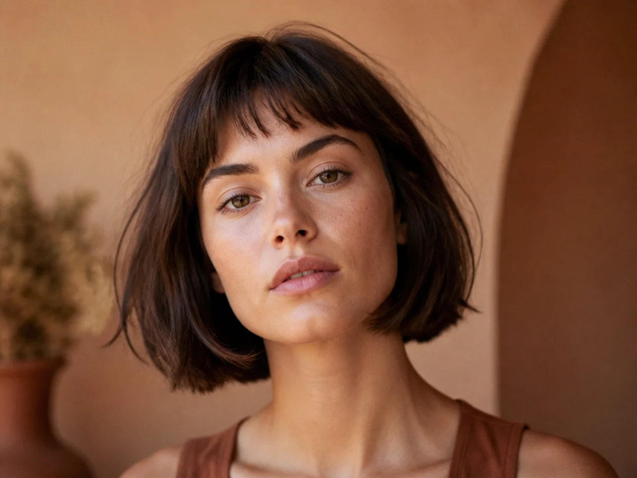A chin length bob with a grown out fringe sitting visibly shorter than the lengths