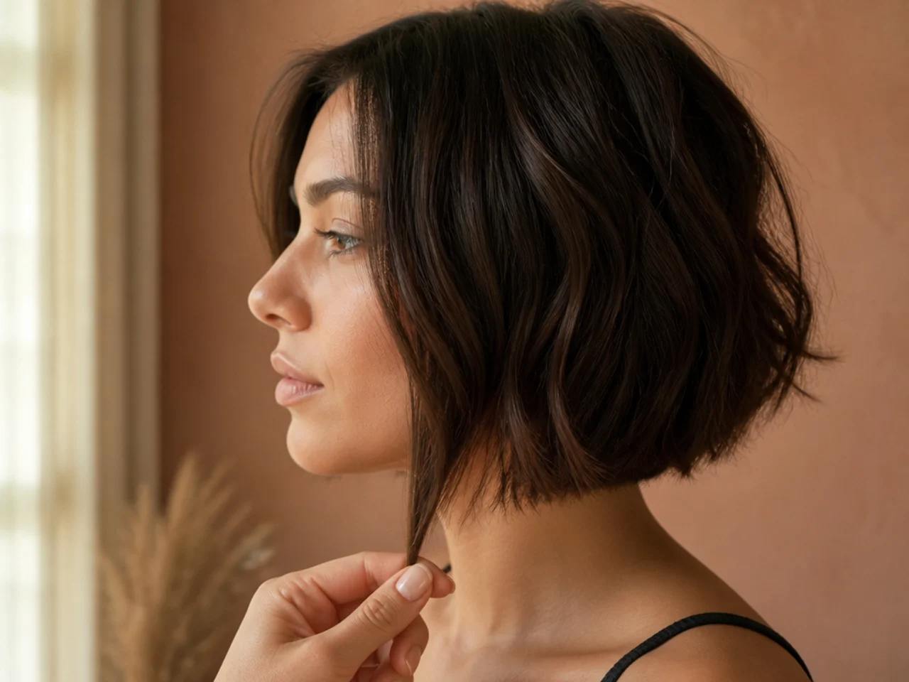 Side view showing the shortest front section measured against the jawline