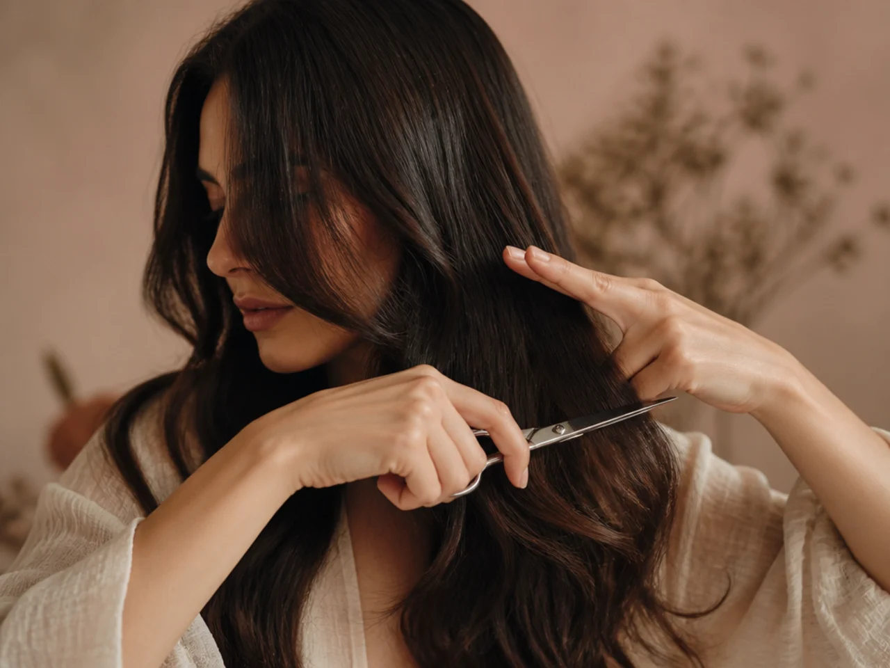 Scissors held near the front section of hair with a hand blocking them