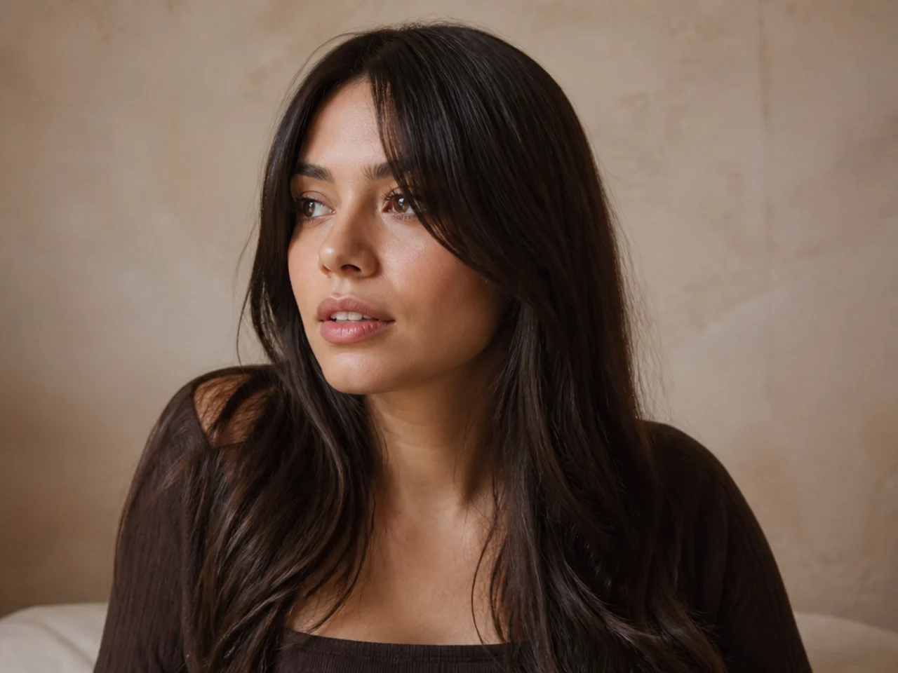 A centre parted fringe hanging flat either side of the face without a sweep