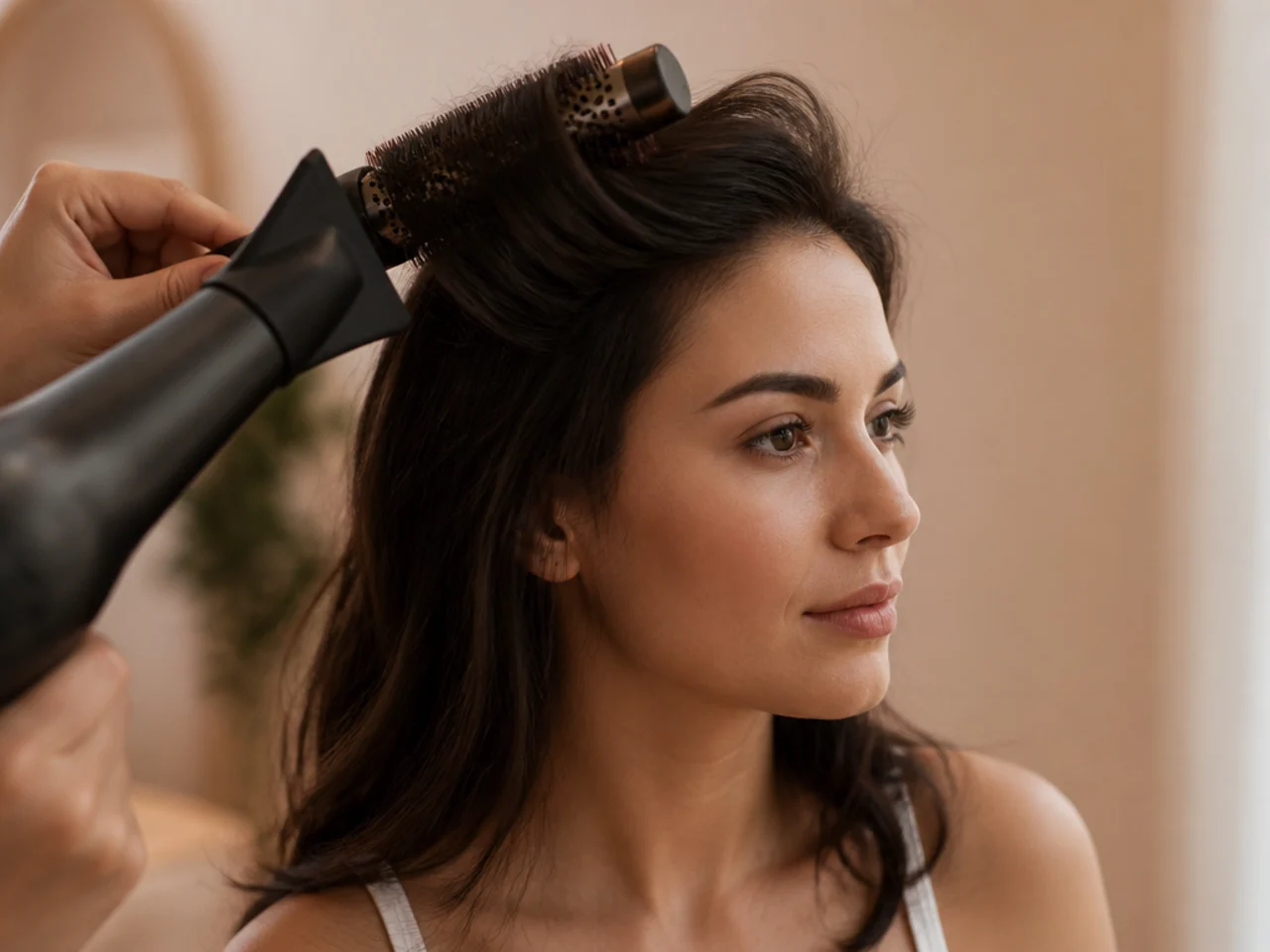 A round brush drying the front section backwards away from the face
