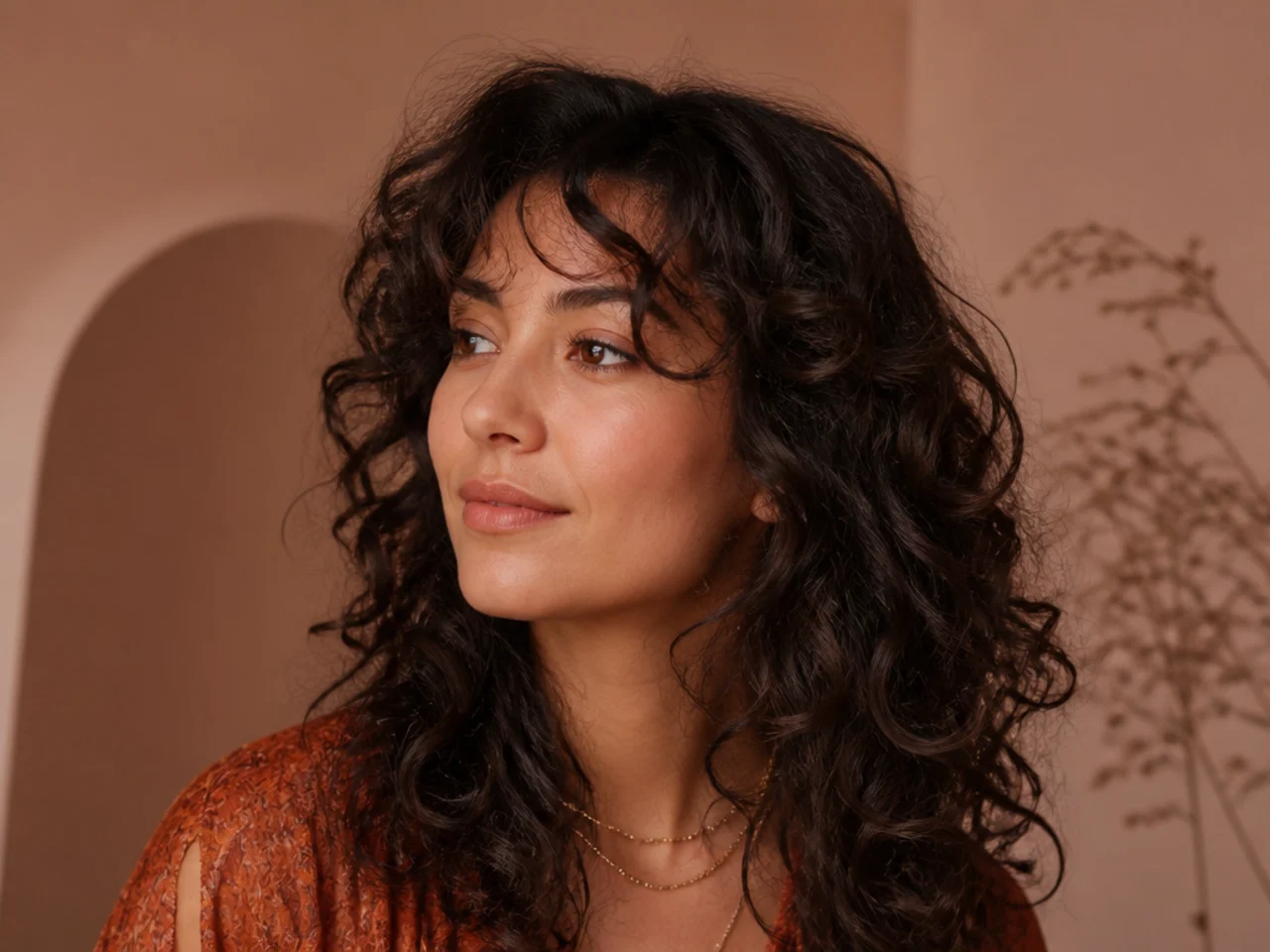 Curly grown out curtain bangs lifting away from the cheekbone