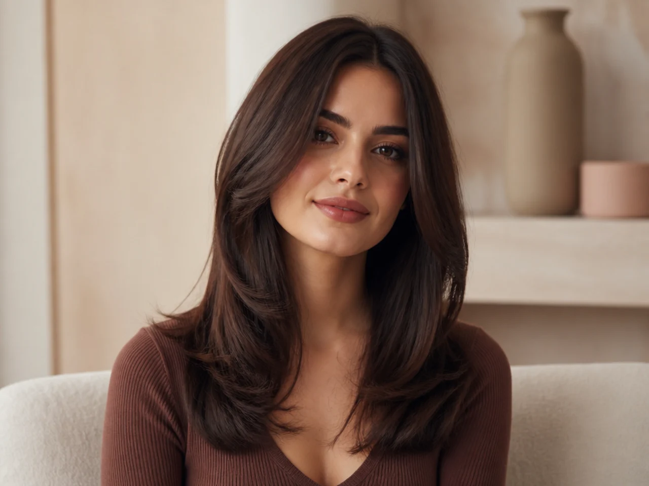 Front view of softly blended face framing layers with no visible step
