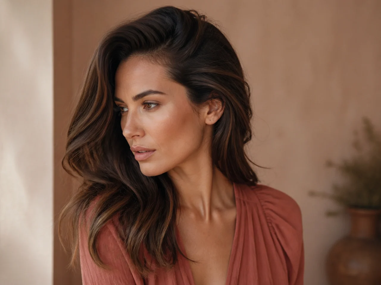 Three quarter view of hair parted deeply to one side with the shortest pieces swept back