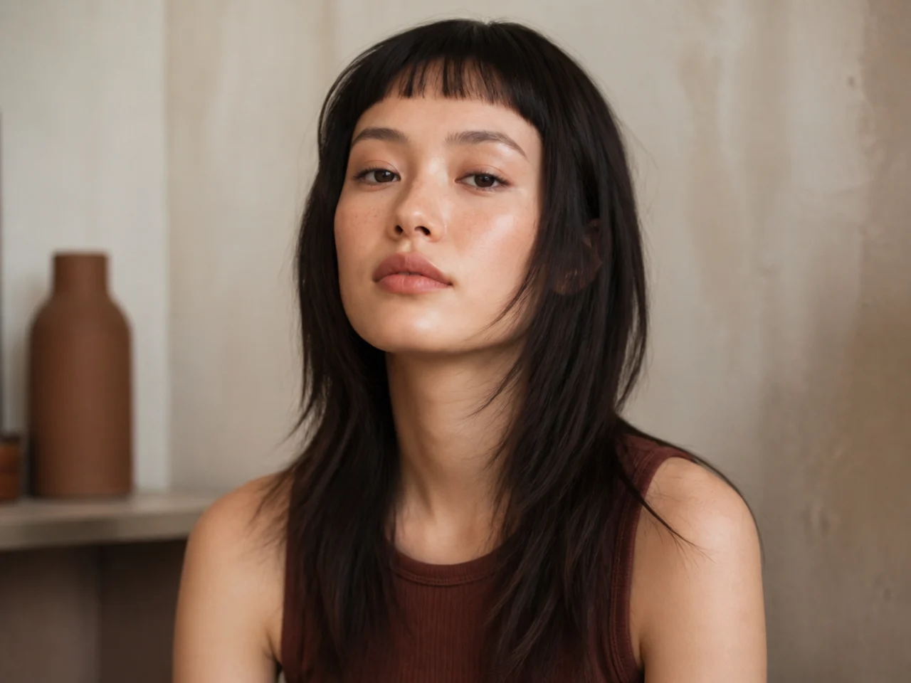 A blunt trimmed fringe sitting too short against longer face framing layers