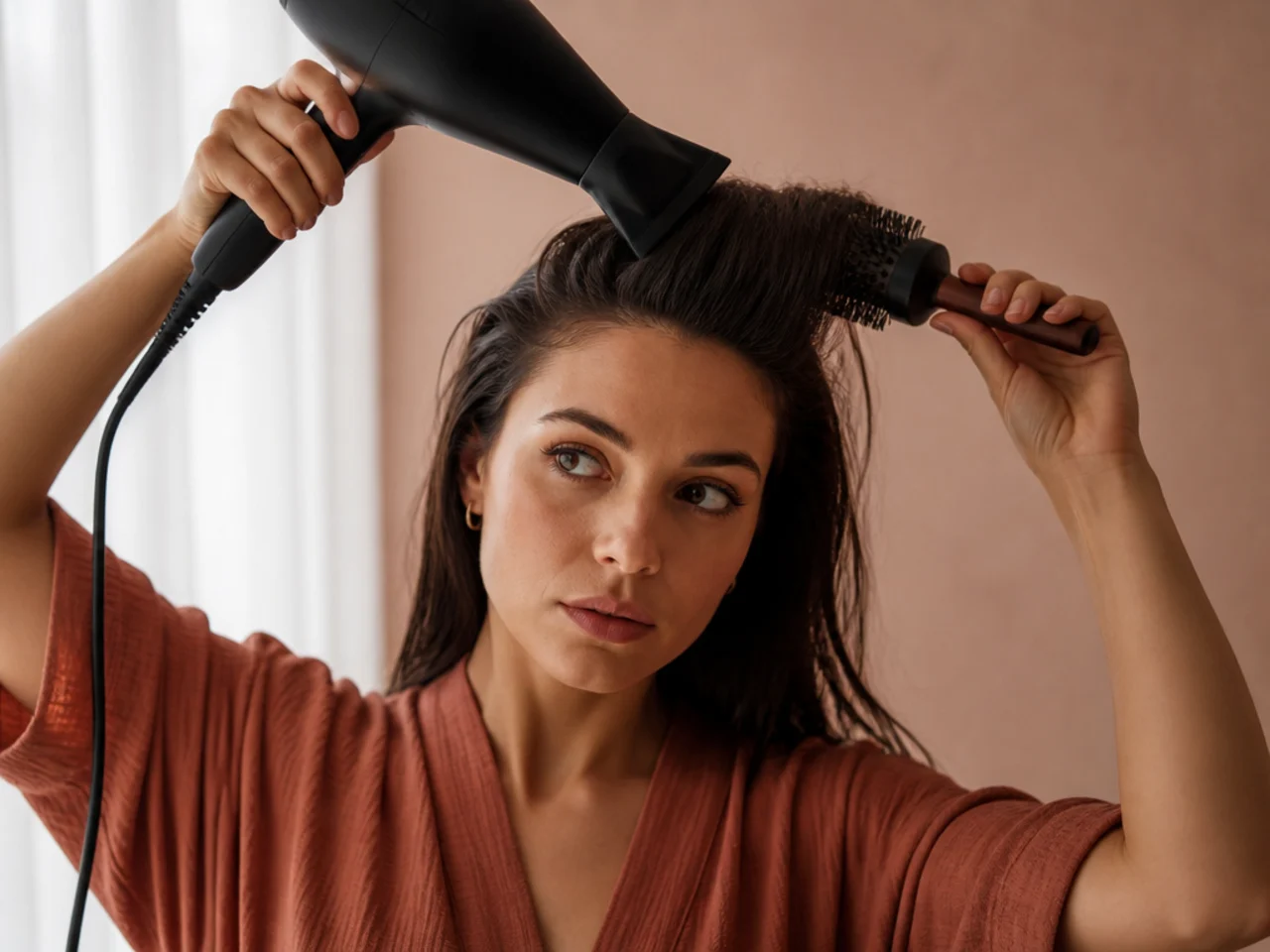 A woman drying her front sections backwards with a round brush and dryer