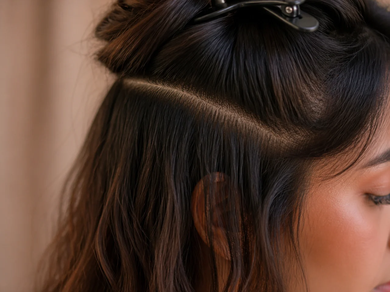 Close view of the step between a short fringe section and longer hair beneath it