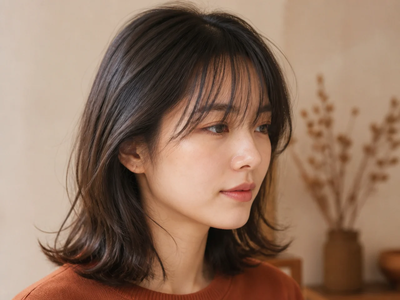 A light wispy fringe on fine hair with the top section behind it still full