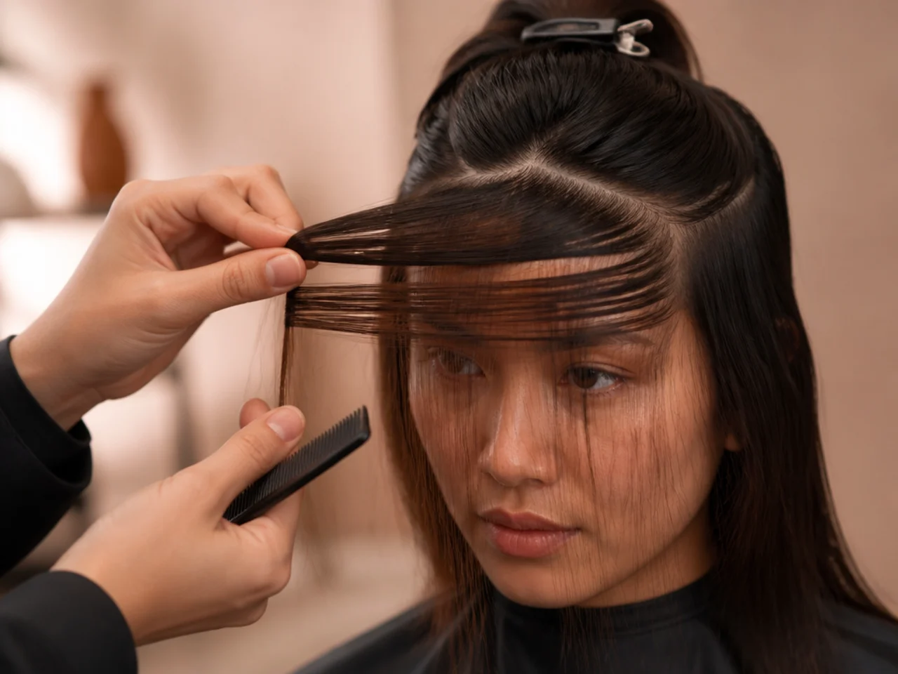A thick fringe section split into two horizontal layers before cutting