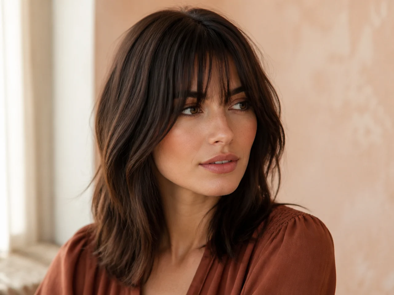 A fringe running seamlessly into longer face framing lengths with no visible join