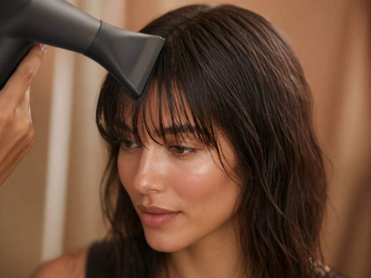 A dryer nozzle pushing a damp fringe flat down across the forehead