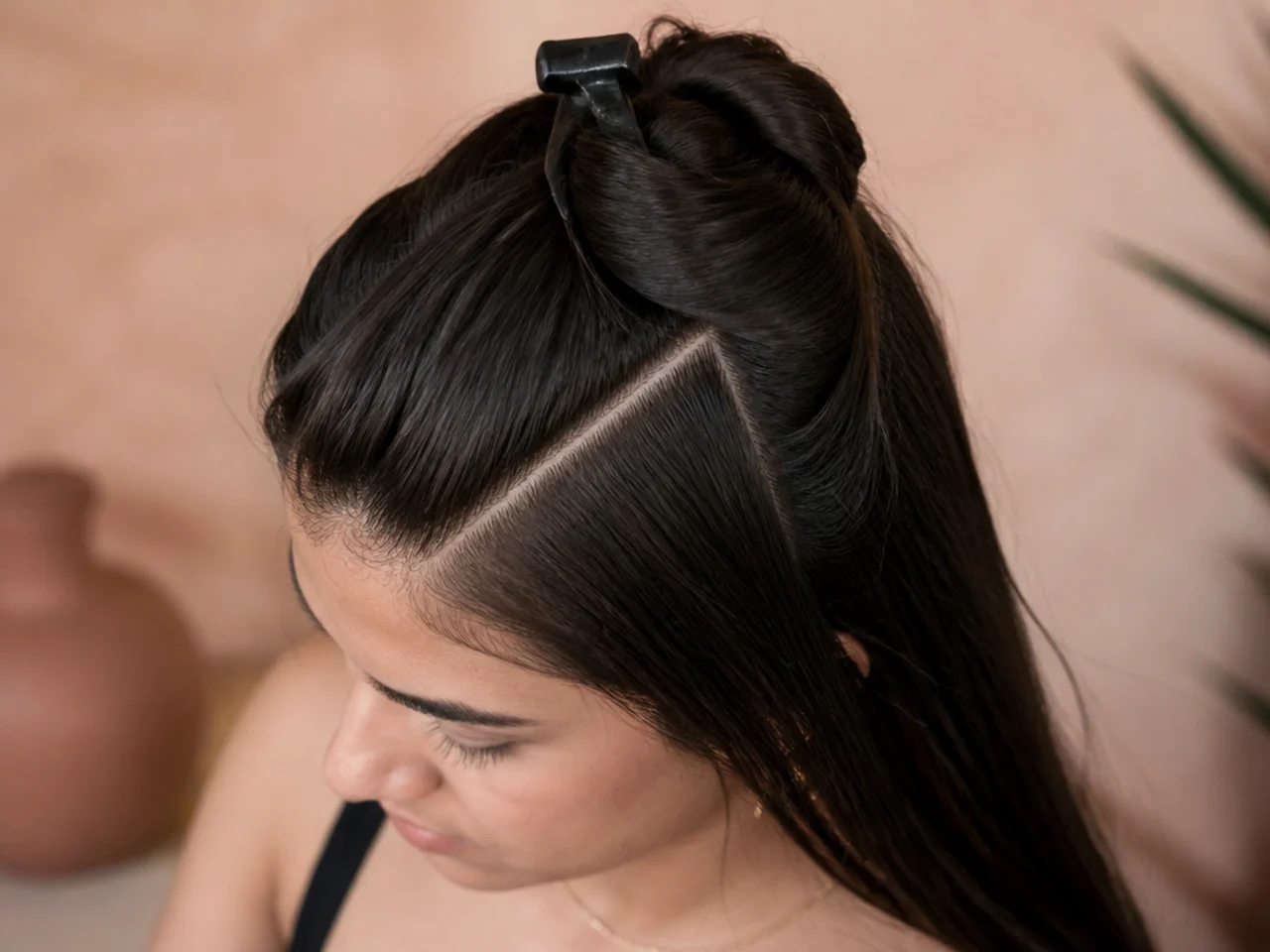 A clean triangular parting sectioned off at the front of the head with the rest clipped back