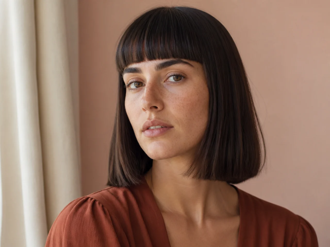 A blunt straight edged fringe cut from a square section sitting flat across the forehead